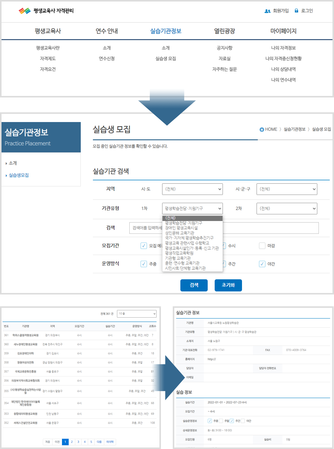 평생교육사 실습장소 찾는 방법 안내 이미지, 하단 상세 설명